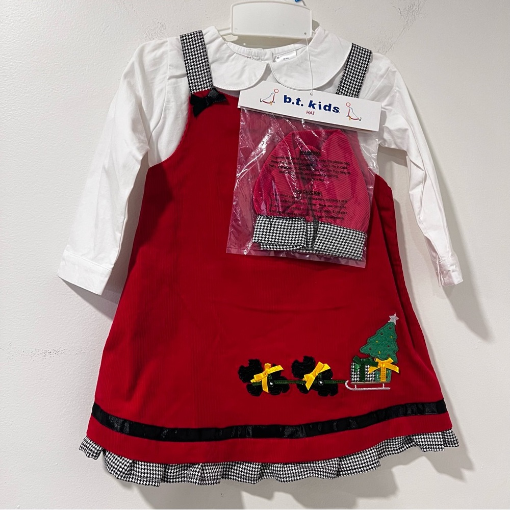 B.T. Kids Girls 24M NWT Vintage Holiday Corduroy Patch Christmas Dress w/ Hat